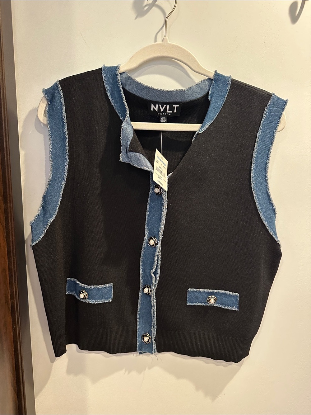NVLT Black Knit Vest with Blue Denim Trim and Decorative Buttons - Picture 3 of 4